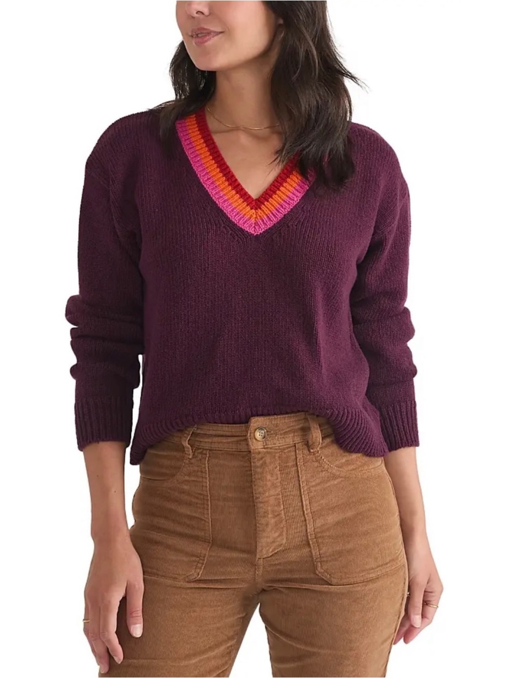 Marine Layer Bella Cropped Sweater Size L Purple Multi V-Neck Merino Wool Blend